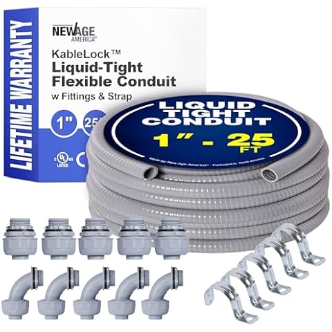 New Age America® 1" - 25FT KableLock™ Liquid-Tight Flexible Conduit | Electrical Conduit | Non Metallic | 5pc Straight + 5pc Angle Fittings + 5pc Pipe Support Straps | Waterproof PVC Conduit | UL Cover