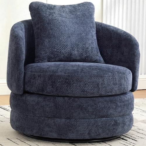 Kolavess 360° Swivel Accent Chair, Chenille Barrel Club Armchair for Living Room, Comfy Round Reading Chair Thick Padded Single Sofa Chairs, Navy Blue