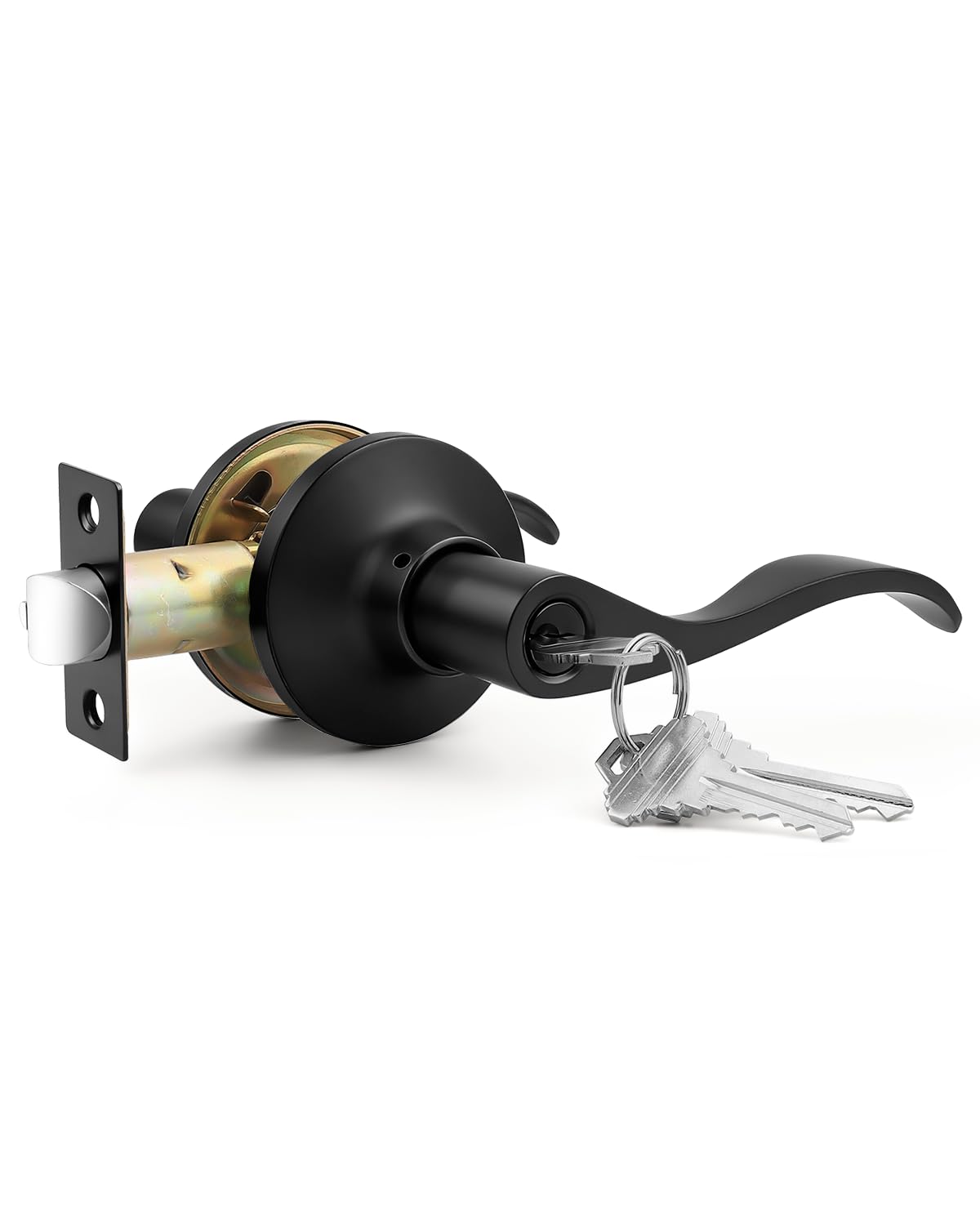 GOBEKOR 1 Pack Matte Black Front Door Handle with Lock and Keys,Reversible Exterior/Interior Door Handle with Lock,Keyed Entry Door Lock for Bedroom,Bathroom & Office,Wave Style Modern Home Decor