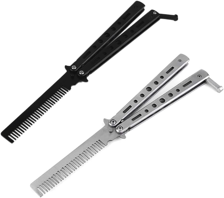 2 Pcs Outdoor Camping Practice Comb Butterfly Comb Knife Novel Stainless Steel Butterfly Comb Modeling Tool
