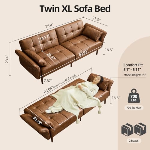 Image of HALLYBEE 85 inch Futon Sofa Bed, Sleeper Sofa, Small Couch with Storage Adjustable Armrests Pillows, Faux Leather Loveseat, Mid Century Modern Couches for Living Room, Bedroom, Apartment, Brown