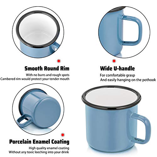 P&P Chef Blue Enamel Coffee Mugs Set Of 6, 12Oz Small Camping Enamel Tea Cups For Indoor And Outdoor Activities, Wide Handle & Smooth Rim, Portable & Durable, 350Ml #TOP2