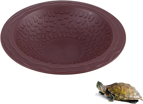 Round Reptile Bathing Pool Reptile Feeding Dish Water Bowl with Ramp Aquarium Ornament for Gecko, Snake, Turtle, Bearded Dragon, Lizard Bath Brown-red