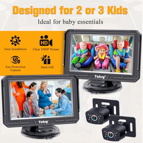 Baby Car Camera 2-Pack for Backseat - HD 1080P Dual Camera, 170° Wide Angle, Night Vision, 360° Rotation, Safe Rear-Facing Infant and Baby Car Mirror, Easy Install Yakry