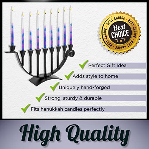 Stur-De Hanukkah Menorah 9-Branch Hanukiah - Decorative Menorahs For Chanukah, Handcrafted Iron Candlestick Holder - Compatible With Small Menorahs Hannukah Candles - Black, 12.5" L X 2.75" W X 6.5" H #TOP7