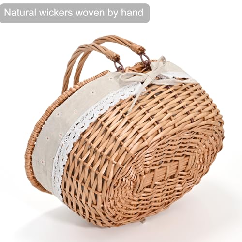 Large 15.4\" Wicker Picnic Basket with Removable Liner Empty Picnic Baskets with Lid, Picnic Hamper with Foldable Handles for Picnic,Flowers - Thumbnail 3