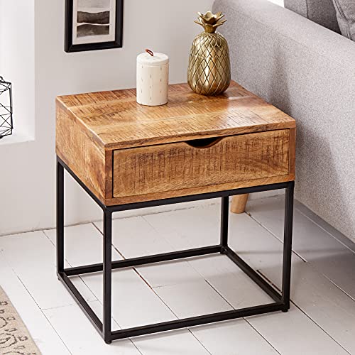 invicta INTERIOR Industrial Nachttisch Iron Craft 45cm Mangoholz mit Schublade Beistelltisch Tisch Holztisch