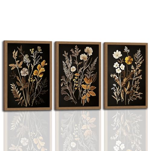 3Pcs Framed Vintage Moody Black Flower Beautiful Wildflower Botanical Wall