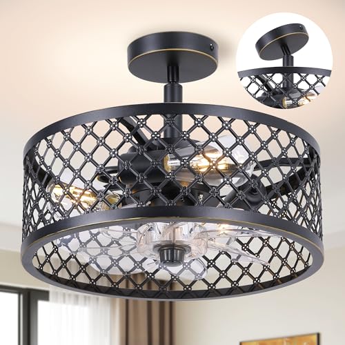 16 inch Black Caged Ceiling Fans with Lights, Modern Industrial Ceiling Fan