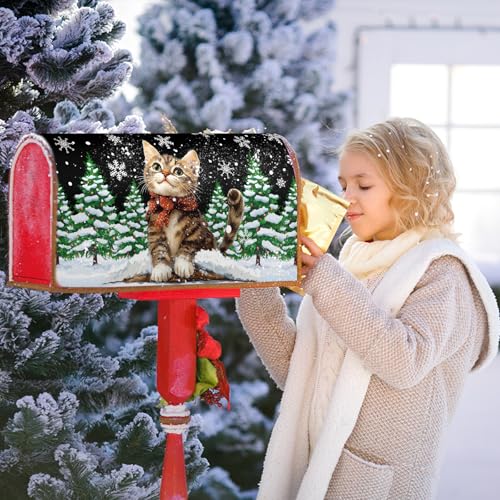 Image of Hello Winter Cat Mailbox Cover Magnetic Standard Size 21 inchx18 inch Merry Christmas Tree Mailbox Wrap Decorative Black Post Letter Box Cover for Courtyard Garden Decor