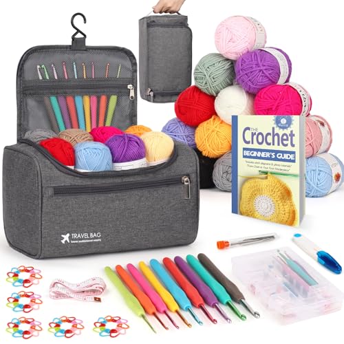 Reessy Crochet Kits for Beginners Adults 88 PCS Crochet Kit include Instructions Crochet Hooks 15Pcs × 25g Yarn Storage Bag and Knitting Accessories Complete Beginners Crochet Kit - Grey