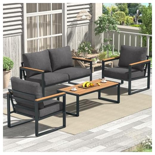 COMLAX FIELD Patio Furniture Set, 4 Pieces Outdoor Patio Furniture with Coffee Table Set, Metal Patio Conversation Sets with Washable and High-Resiliency Sponge Cushions,Upgarded Grey