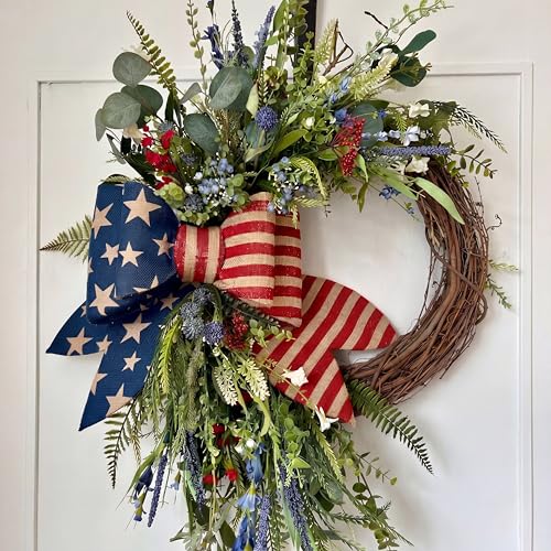 Suncalla Patriotic Wreath for Front Door Red White Blue Flowers Outdoor 250th Anniversary 4th of July American Flag Bow Wreath for Independence Day Memorial Day Inside Outside Home Decor by Suncalla - Used condition - US$34.54