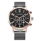 MINI FOCUS Men's Watch Multi-Function Quartz Chronograph Watches Luxury Stainless Steel Mesh Band Calendar Casual Wrist Watch for Men (Black and Gold)