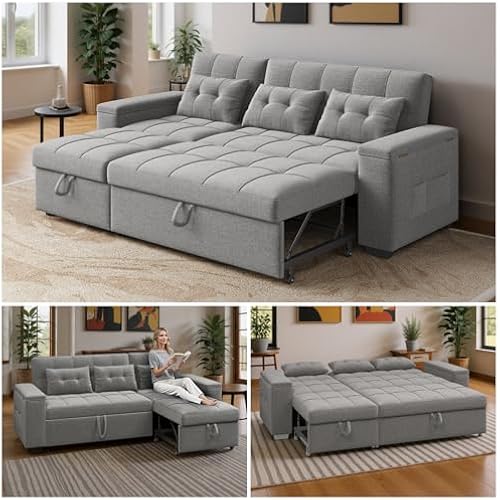 Ahomly 87" Convertible Sofa Bed, Pull Out Couch with Storage, Light Gray