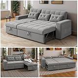 Ahomly 87' Convertible Sofa Bed – Space-Saving Sleeper with Pull-Out Design, Adjustable Backrest, Wide Armrests with Storage, Plush Cushions, Cozy for Small Spaces (Light Grey)