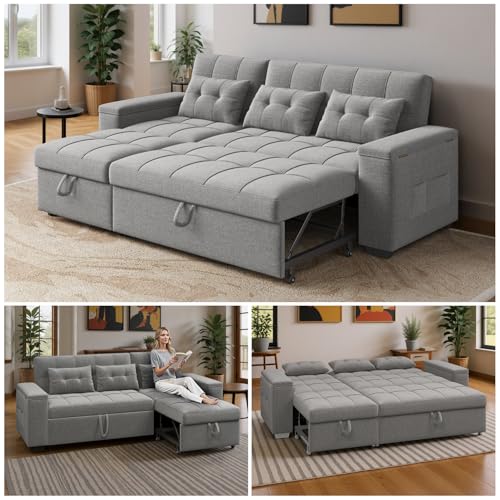 Ahomly 87" Convertible Sofa Bed – Space-Saving Sleeper with Pull-Out Design, Adjustable Backrest, Wide Armrests with Storage, Plush Cushions, Cozy for Small Spaces (Light Grey)