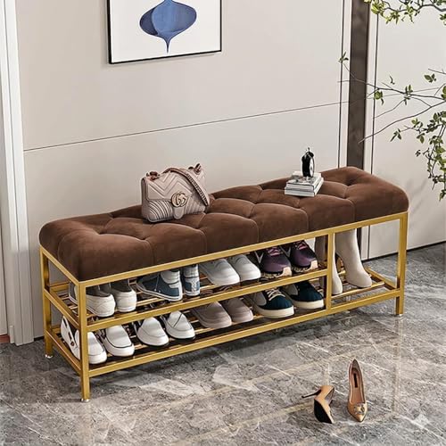 Image of Entryway Shoe Rack with Cushioned Seat, Shoe Bench for Entry, 2 Shelves Storage Bed Bench