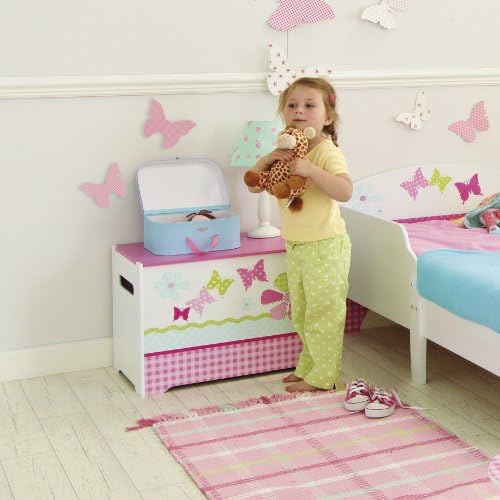 Patchwork Butterflies and Flowers Kids Toy Box - Childrens Bedroom Storage Chest with Bench Lid by HelloHome, Pink, (h)40, (w)60, (d)40cm