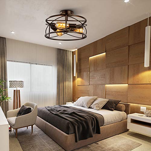 Vintage Semi Flush Mount Ceiling Light, Industrial Ceiling Fixture Black Ceiling Metal Light Cage Ceiling Light Fixture 3 Lights for Bedroom Kitchen Dining Room Living Room