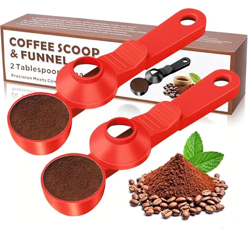 Lot de 2 cuillères à café 2 en 1 avec entonnoir, 2 cuillères à café à mesurer pour tasses K réutilisables, café moulu, poudre de protéines et thé, design en plastique sans désordre (rouge)