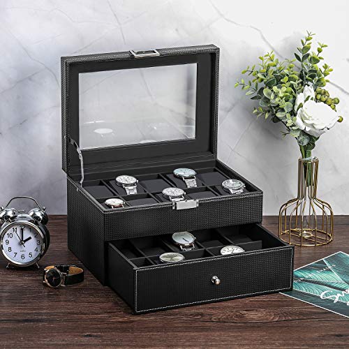 Bastuo Watch Box 20 Watch Display Organizer Storage Case Luxury Carbon Fiber Leather, Jewelry Collection Box For Men And Women, Black With Glass Top #TOP1