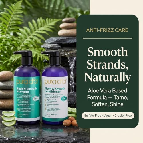 PURA D'OR Sleek & Smooth Shampoo and Conditioner Set For Frizz-Free & Silky Smooth Hair, Infused with Organic Aloe Vera, Argan Oil, Castor Oil, Bergamot Oil & Geranium Oil - image 8