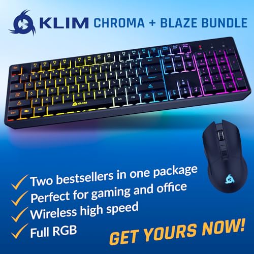 KLIM Chroma Wireless Keyboard and Mouse – RGB Backlit Gaming Combo, Rechargeable Wireless Keyboard & RGB Mouse, Durable & Ergonomic, Dual USB Receivers, Compatible with PC, Mac, PS4, PS5