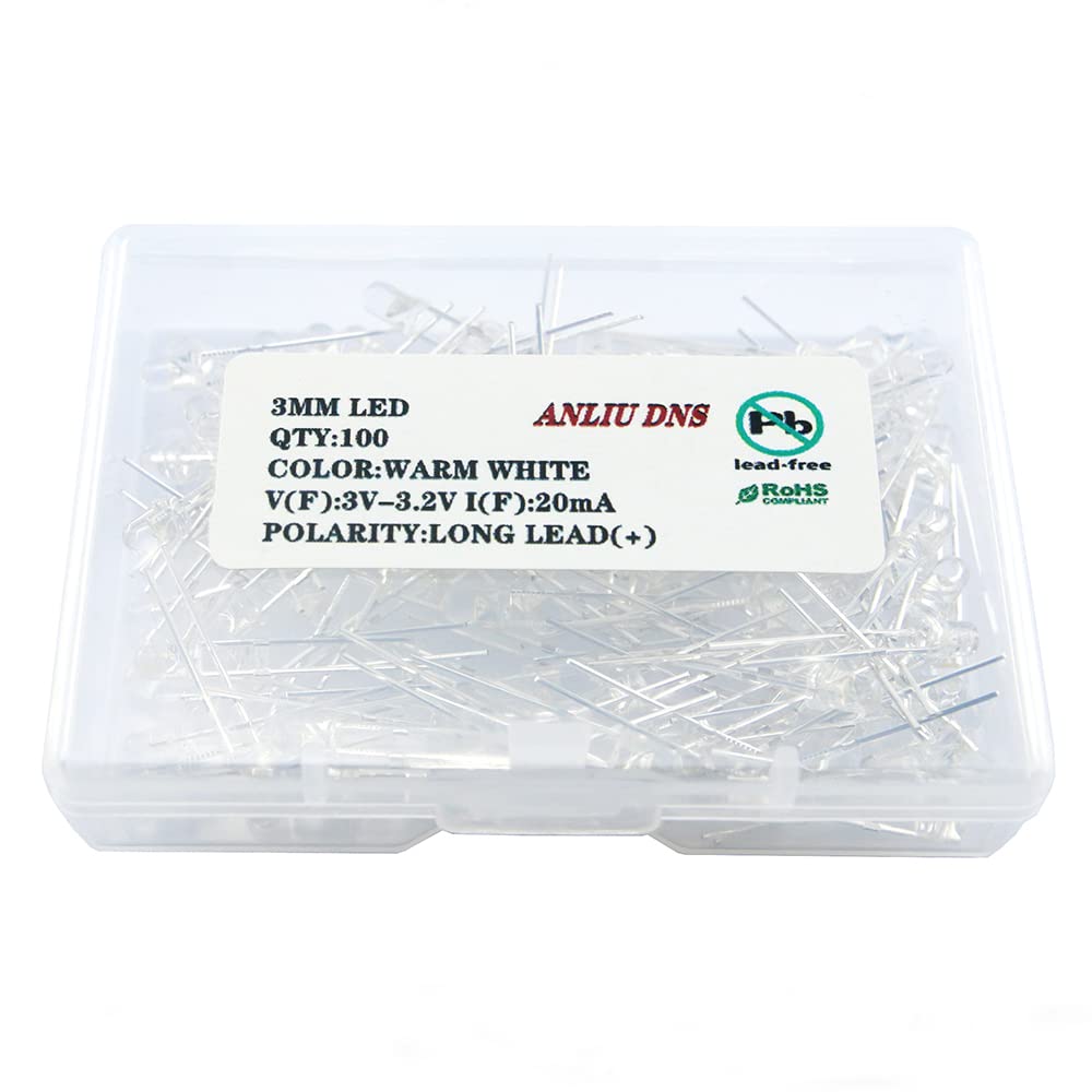 100 pcs 3mm Warm White LED Diode Lights (Clear Round Transparent DC 3V 20mA) Bright Lighting Bulb Lamps Electronics Components Light Emitting Diodes Indicator
