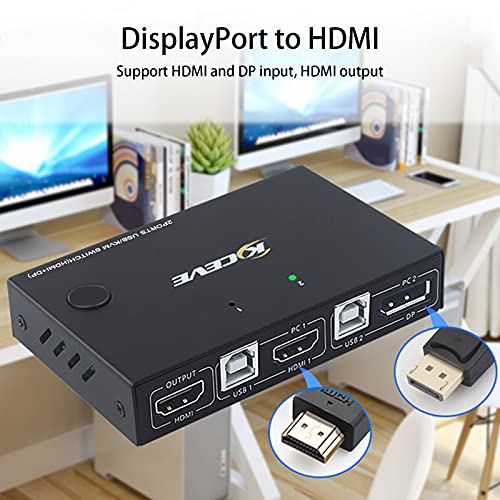 KVM Displayport + HDMI Switch USB 2 Port, MLEEDA KVM USB Switch 4K@30Hz, Brancher 2 PC sur 1 Ecran pour Partager Clavier et Souris,4 USB2.0, Ultra HD,2 Câbles USB, 2 Câble HDMI