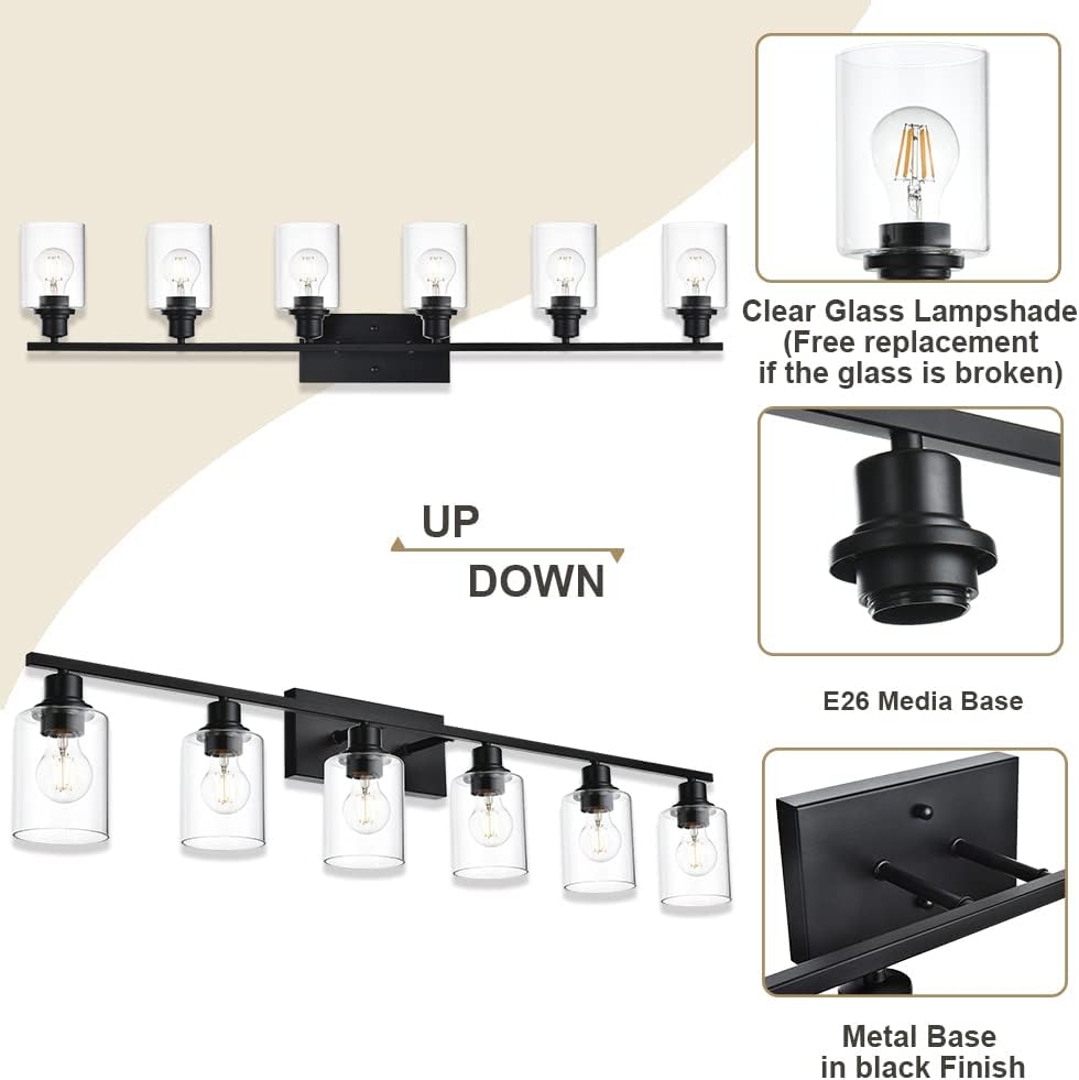 VINLUZ Bathroom Vanity Light Fixtures,6 Light Matte Black Modern Metal Base Wall Sconce Lighting with Clear Glass Shade Wall Mounted Lamp for Mirror