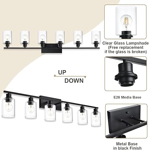 Miniatura 6 de VINLUZ Lámparas de tocador de baño, 6 luces de color negro mate moderno con base de metal de pared con pantalla de vidrio transparente para espejo