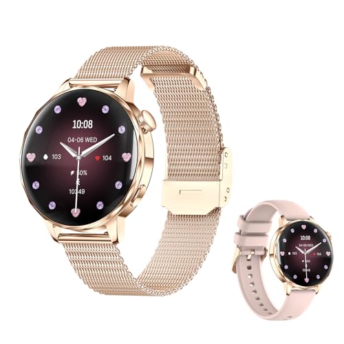 Smartwatch Damen mit Telefonfunktion- 1, 27″ Display, Metallarmband & Silikonarmband, Herzfrequenz/ SpO2/ Blutdruck/ Schlafmonitor, Zyklus- Tracking, IP68 Fitness Tracker für iOS Android (Ro