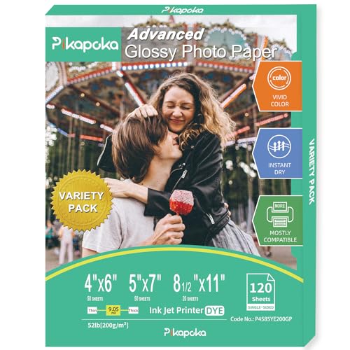 Pikapoka Glossy Photo Paper 4x6, 5x7, 8.5x11, 120 Variety Pack Bulk, Assorted Sizes, Inkjet printer, 52lb/200gsm