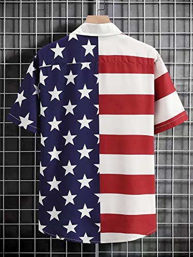 Wdirara Men's Button Up Short Sleeve Cat Print Beachwear Striped Pocket Hawaiian Shirt Collar Top Shirts American Flag L #TOP1