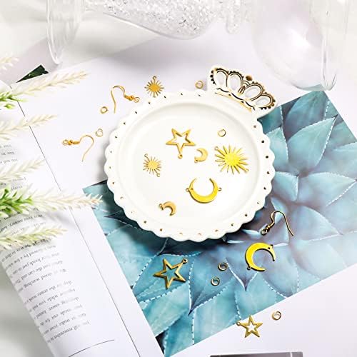Yolev 60 Pieces Brass Links Pendants Connector Kit Gold Plated Star Sun Charms Crescent Moon Pendant Jewelry Charms with Earrings Hooks and Jump Rings for DIY Jewelry Making Findings