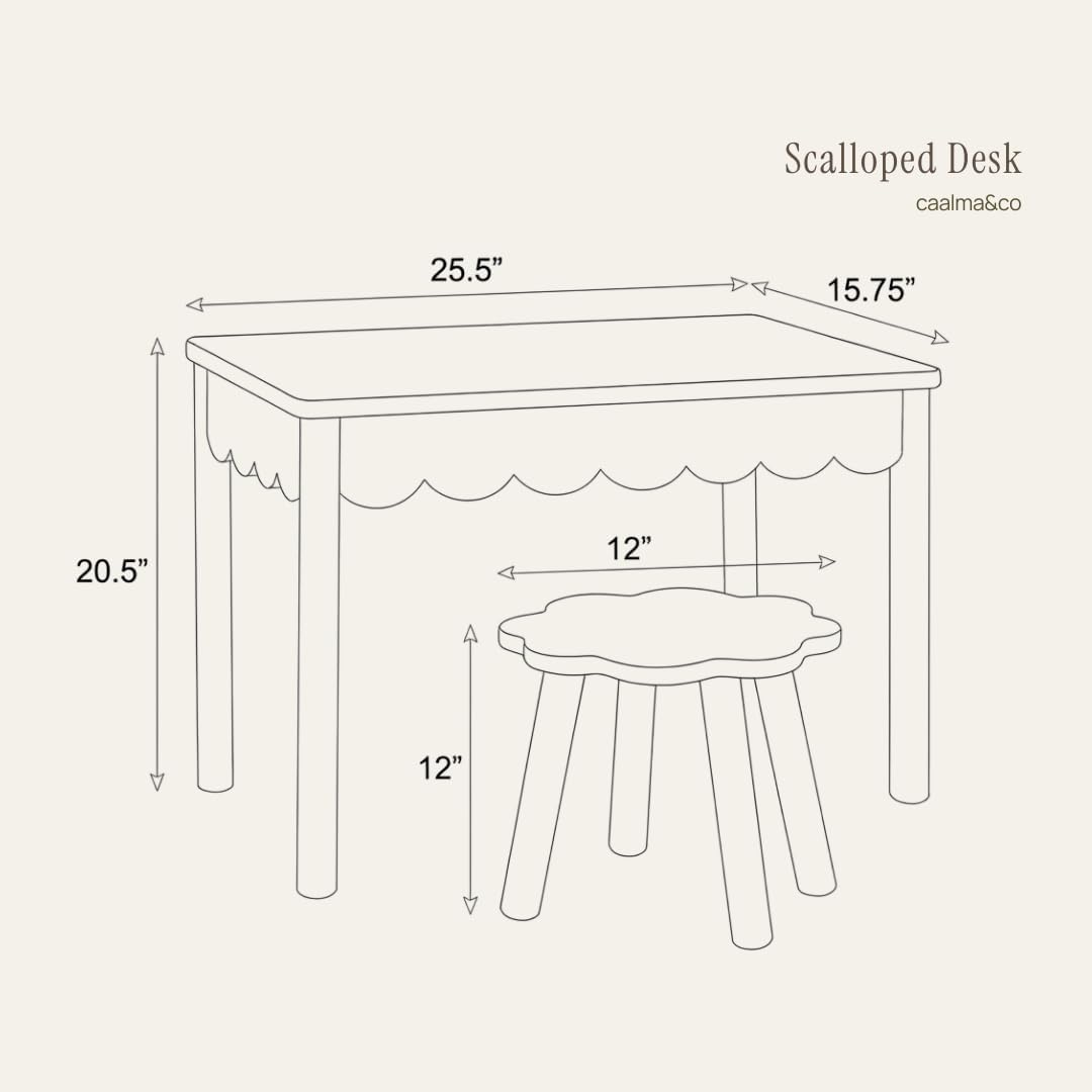 CAALMA Kids Table and Chair Set (Ages 3–7), Solid Wood with Lift-Top Hidden Storage - Montessori Table and Chair Set with Scalloped Design, Easy-Clean Surface & Gold Hardware