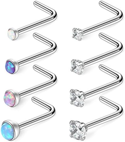 Ruifan 18G 316L Surgical Steel 1.5mm 2mm 2.5mm 3mm Jeweled Opal & Clear CZ Nose L-Shaped Rings Studs Ring Body Piercing Jewelry 8-16PCS