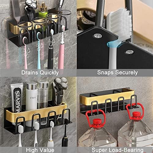 Toothbrush Holder Wall Mounted, No Drilling Electric Toothbrush Organiser Bathroom Toothpaste Storage Rack with 4 Brush Slots and Cups Holder (Black Gold)