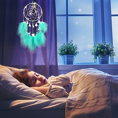 Nice Dream Łapacz snów ze światłem LED, ręcznie robiony łapacz snów z piórami, do pokoju, sypialni, romantyczna dekoracja, ozdoba ścienna, dekoracja ścienna, ornamenty, rzemiosło, zielony