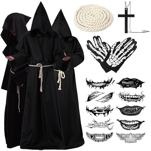 STFYUG Mönch Kostüm, Halloween Kostüm Priester, Mönch Kostüm mit Kapuze, Mönchskutte für Halloween Party Cosplay (XXL)