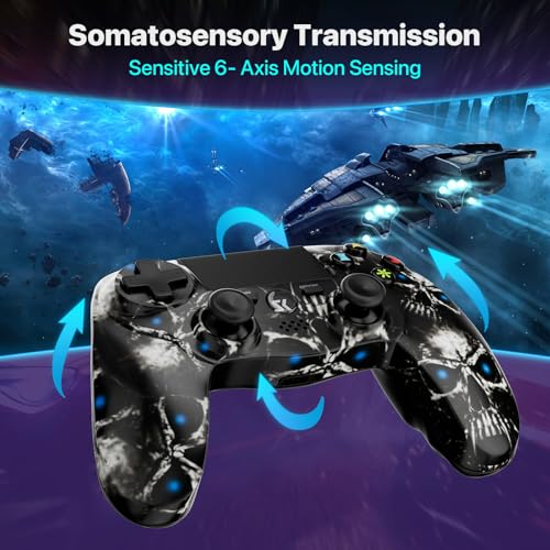 ISHAKO Controller for PS4, Wireless Controller with Double Shock/6-Axis Motion Sensor/Speaker & 3.5mm Audio Jack/Touch Pad/800mAh Battery/USB Cable, Ergonomic Grip – Black Skull Design - Thumbnail 5