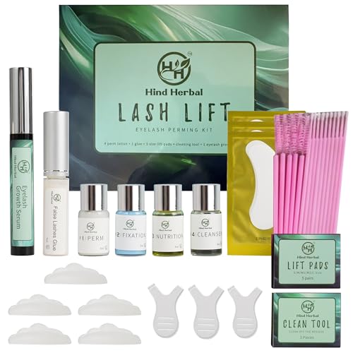 Hind Herbal Set of 32 Premium Lash Lift Kit, Curling Eye Lash Perm Lift Kit with Eye Lash Growth Serum, Perm Lotions, Eye Gel Patches, Glue, Mascara Brushes, Cotton Swabs and Size Lift Pads