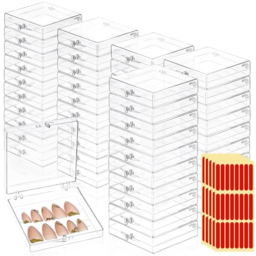SHENLIU 50 Pack Press on Nails Packaging Box, Clear Acrylic Press on Nail Storage Box with 120 Adhesive Double Sided Tape, Fake Nails Storage Case Nail Display for NailArt Salon Business Supplies
