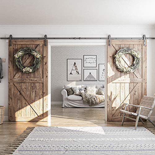 Smartstandard 13 Feet Heavy Duty Double Door Sliding Barn Door Hardware Kit - Smoothly And Quietly -Easy To Install -Includes Step-By-Step Installation, Fit 36"-40" Wide Door Panel(J Shape Hanger) #TOP2