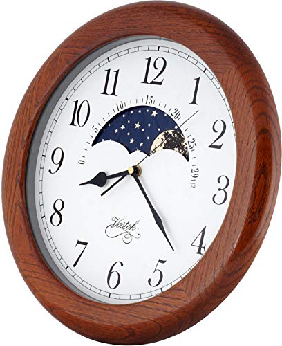Justime 14 Inch Exclusive Solid Oak Wood Non-Ticking Sweep Mechanical Specialty Moon Phase Moving Dial Wall Clock, Gift, Home Décor #TOP4