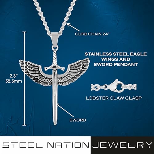 Men's Eagle Wings and Sword Stainless Steel Pendant Symbol of Strength 24" Curb Chain - Bold & Stylish3