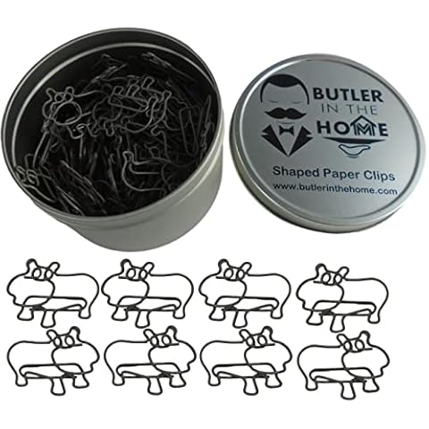 Butler in the Home 100 Count Hippo Shaped Paper Clips Great for Paper Clip Collectors or Office Gift - Comes in Round Tin with Lid and Gift Box - Gray Cover