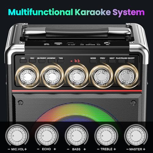 JYX Karaoke Maschine mit 2 drahtlosen Mikrofones, Tragbaren Karaoke Anlage Lautsprecher mit RGB-Licht für Erwachsene Kinder - Tragbare Bluetooth Party Karaoke Box - Mikrofon mit PA Lautsprecher