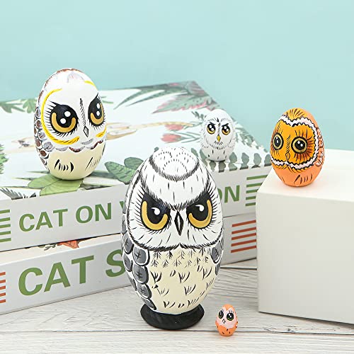 Puppen aus Holz mit Eulenmotiv, handgefertigt, Matroschka, Puppe, Ei, stapelbar, aus Holz, für Kindergeburtstag, Weihnachten, Neujahr, 5 Stück